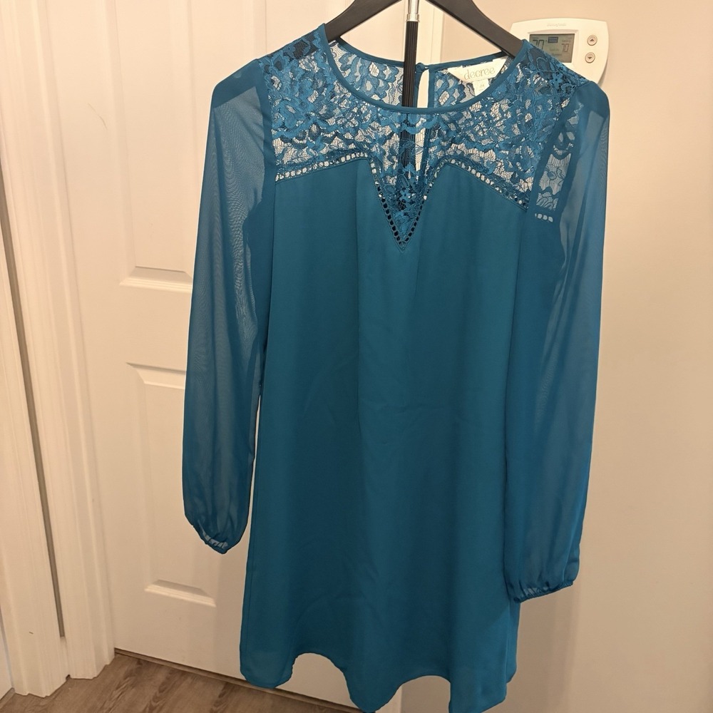 Decree Teal Lace Accent Shift Dress Sheer Long Sleeves Lined Sm Wedding/Date EUC